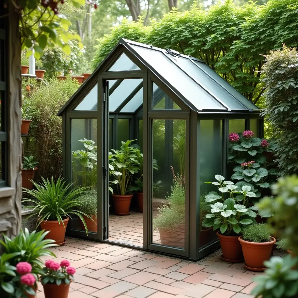 a photo of a patio with a mini greenhouse for plants