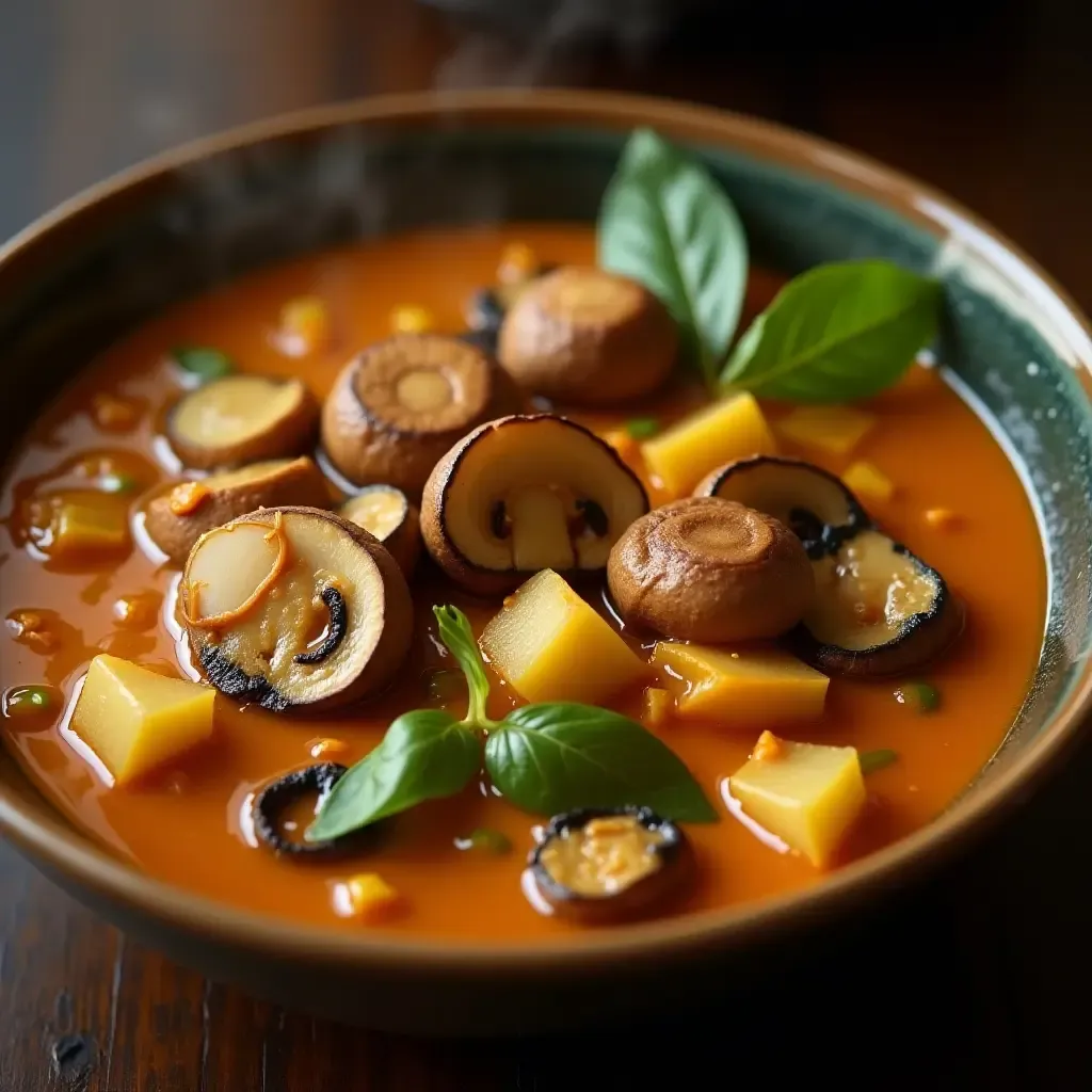 a photo of a spicy Thai jungle curry with wild mushrooms and bamboo shoots, steaming hot.