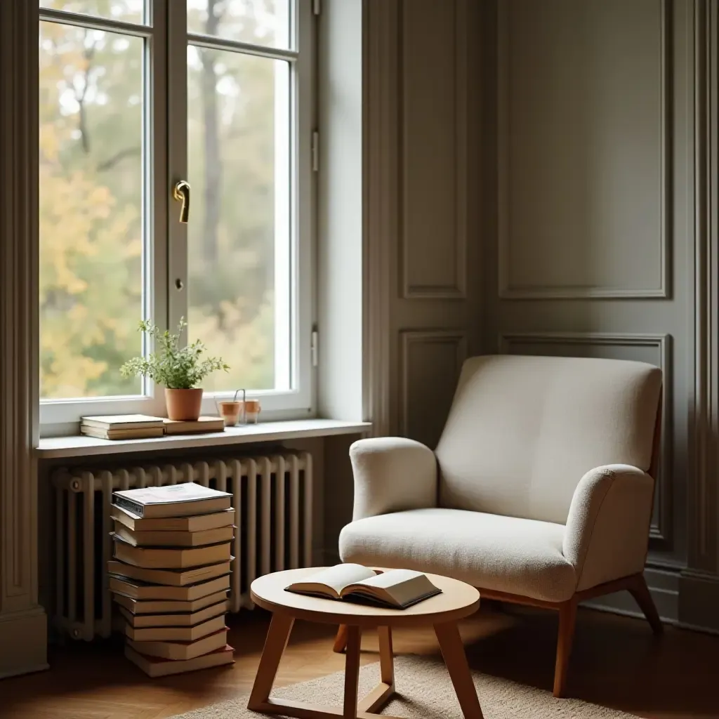 a photo of a reading nook with a small coffee table and a stack of books