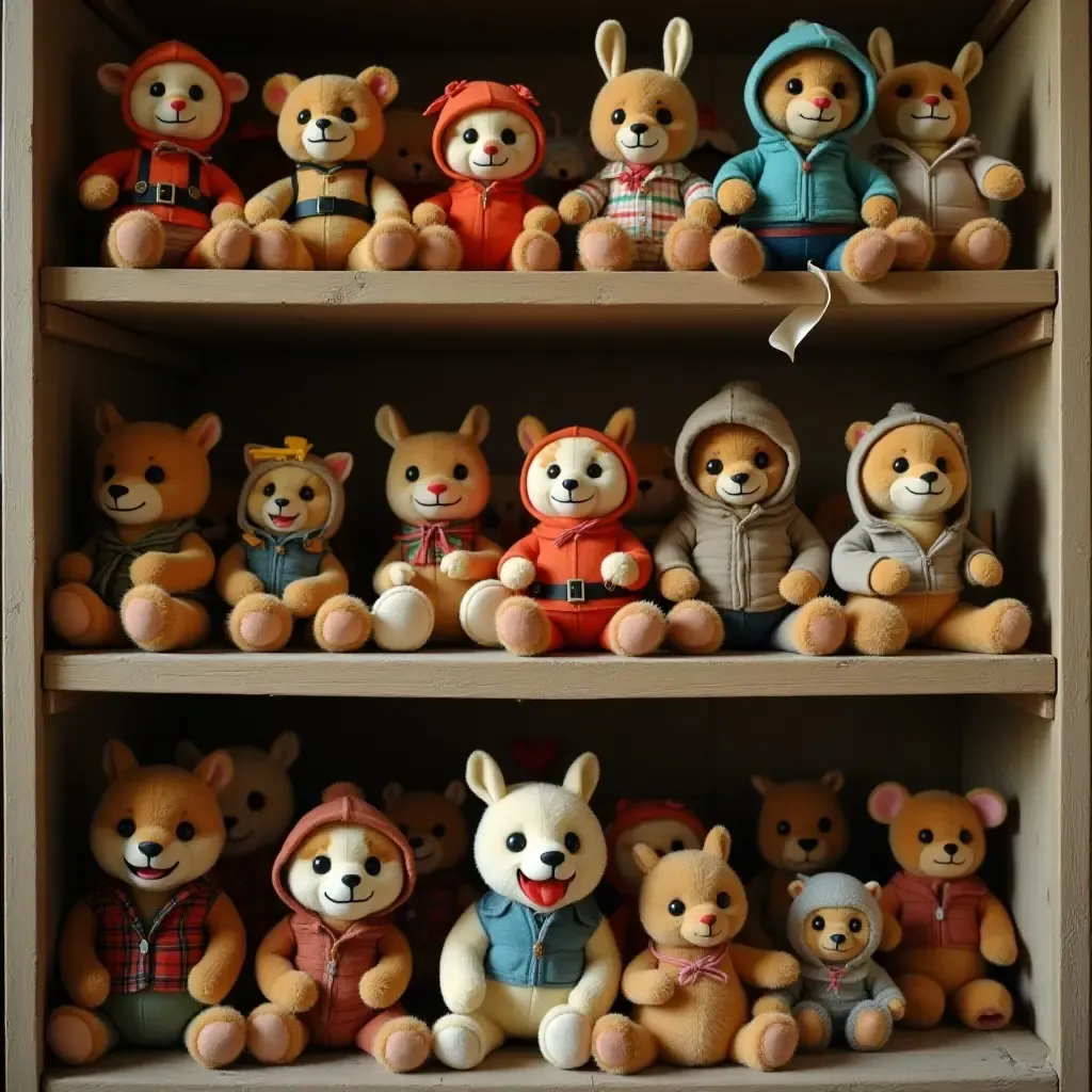 a photo of a collection of vintage toys displayed on a shelf