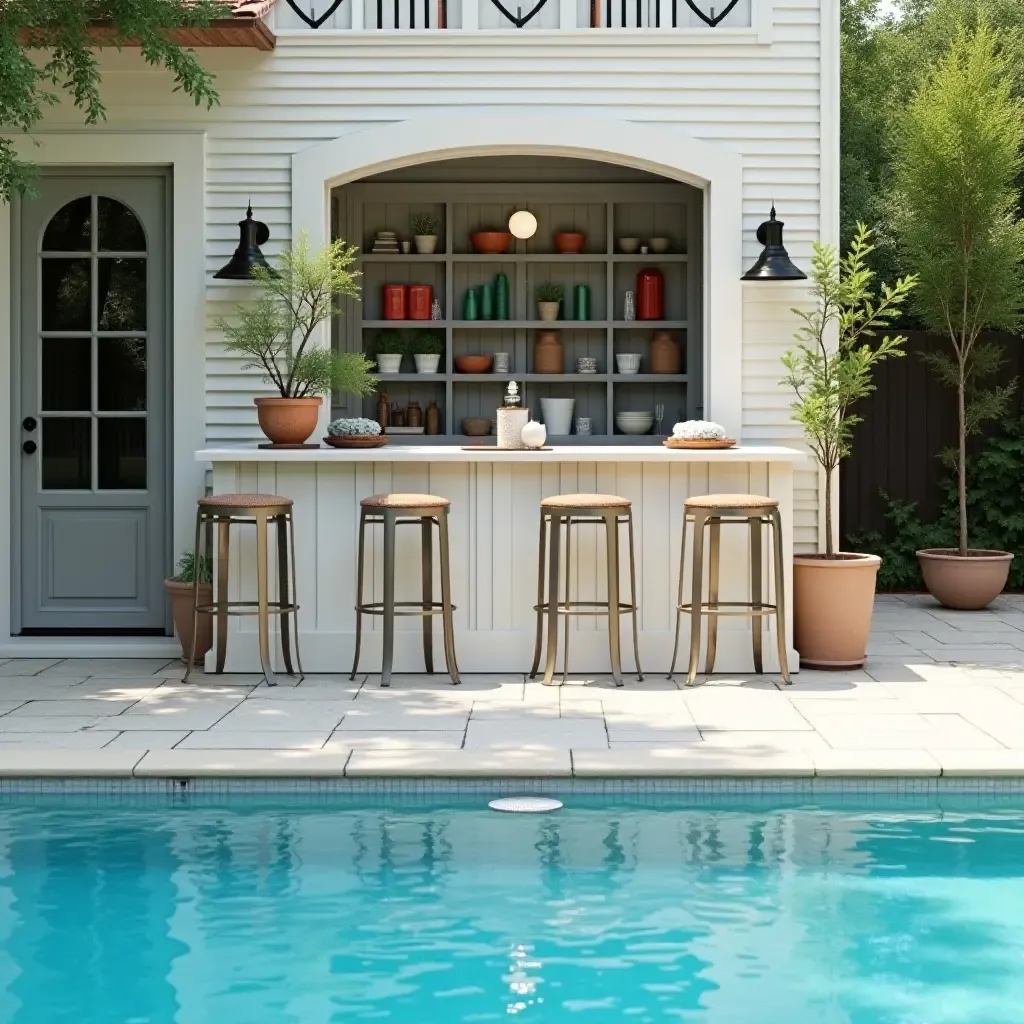 a photo of a relaxing pool area with metallic bar stools and decor