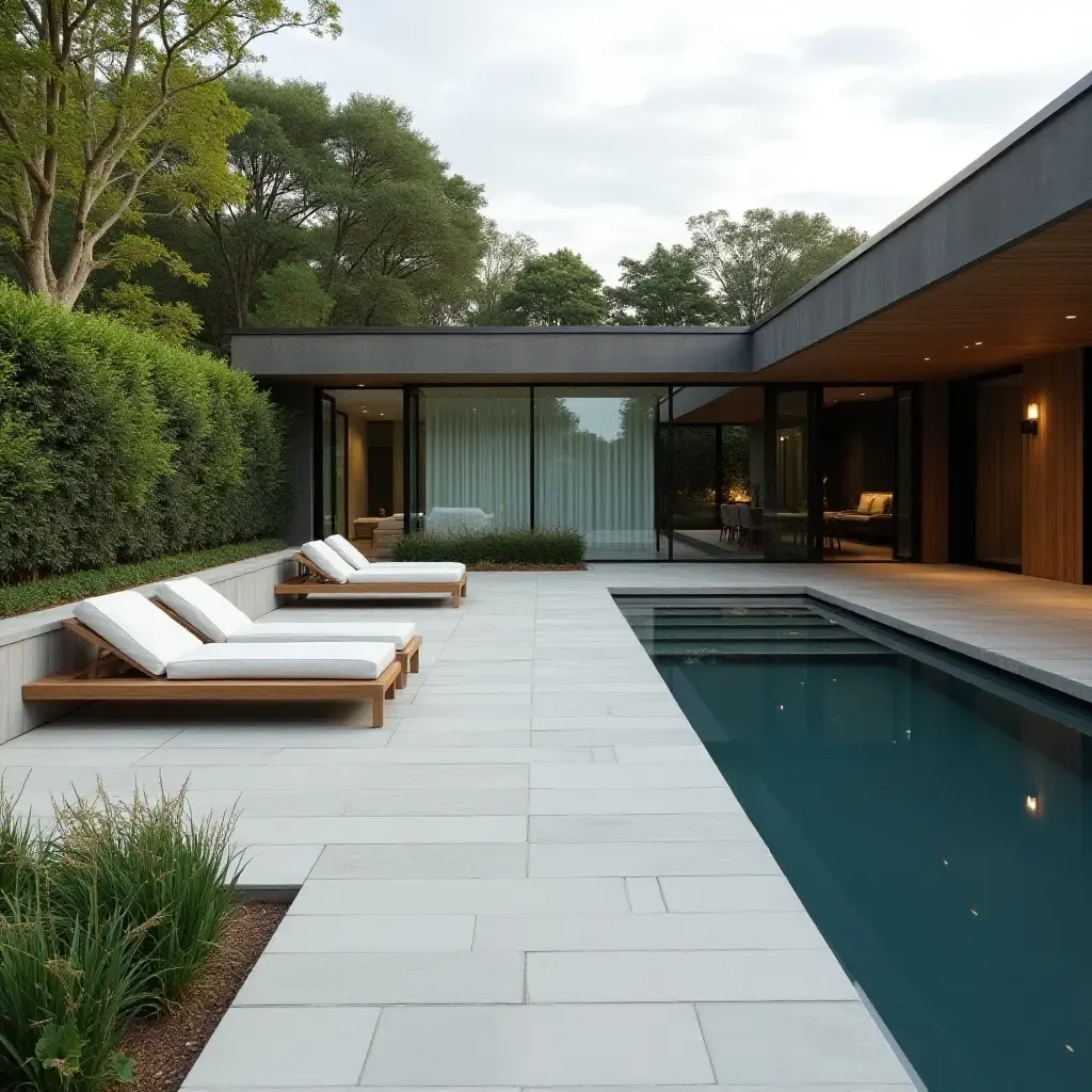 a photo of a contemporary concrete patio with a sleek water wall and seating