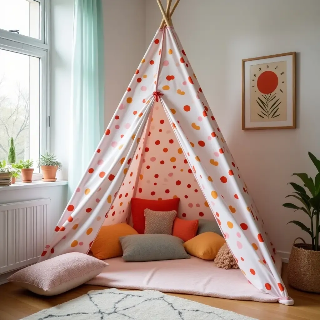 a photo of a reading nook with a colorful teepee and cushions