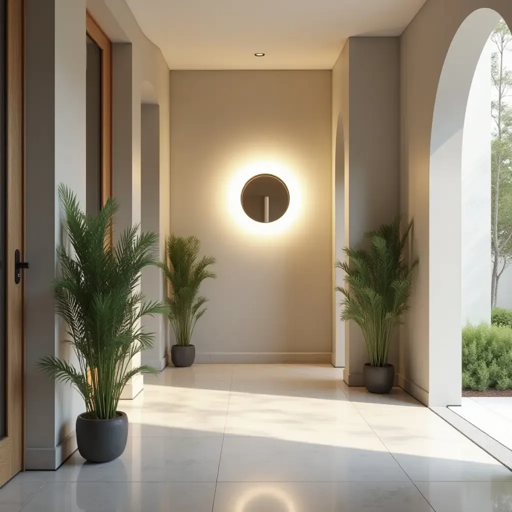 a photo of a minimalist entrance hall featuring a unique light fixture and plants