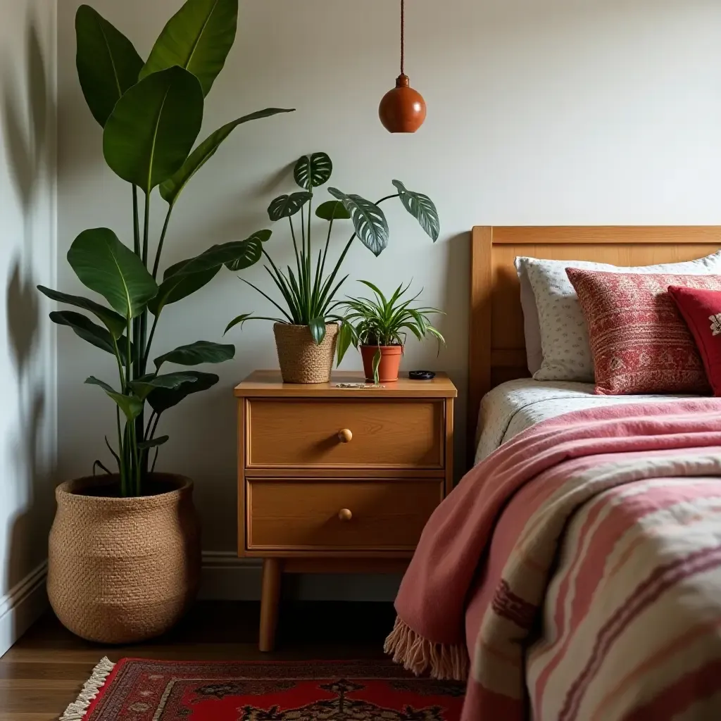 a photo of a bohemian nightstand with plants and colorful textiles