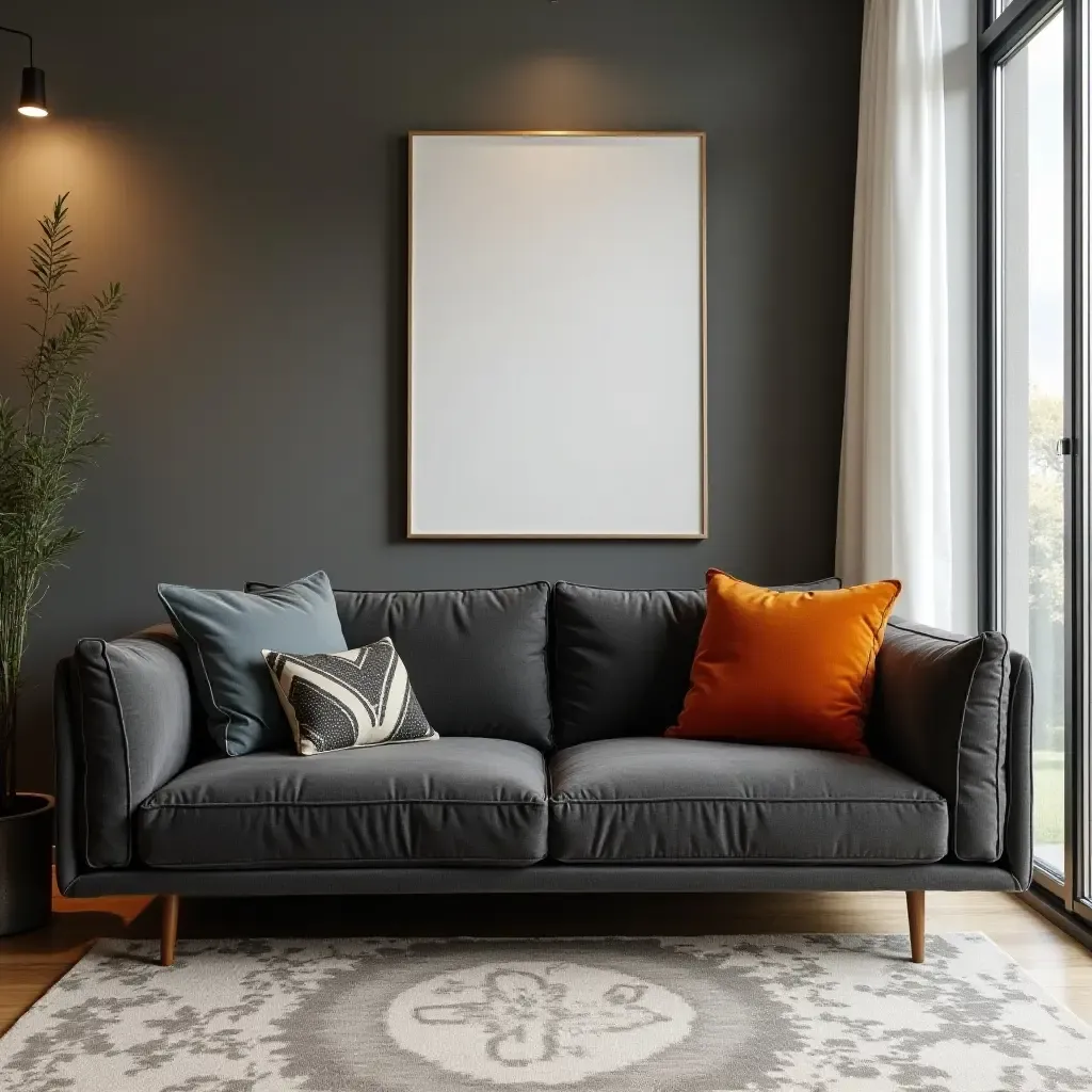 a photo of a stylish dark grey couch with vibrant throw pillows in a modern living room