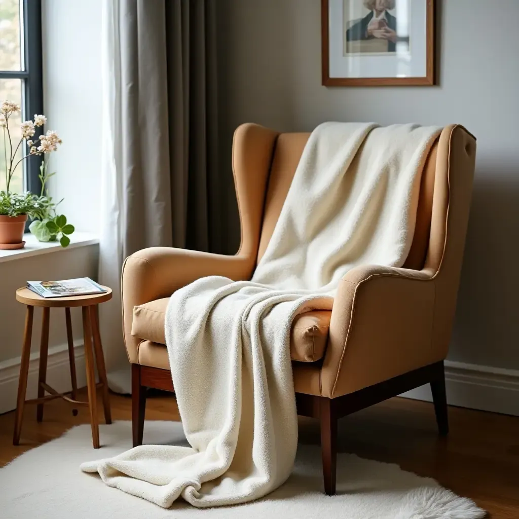 a photo of a cozy blanket draped over a stylish reading chair