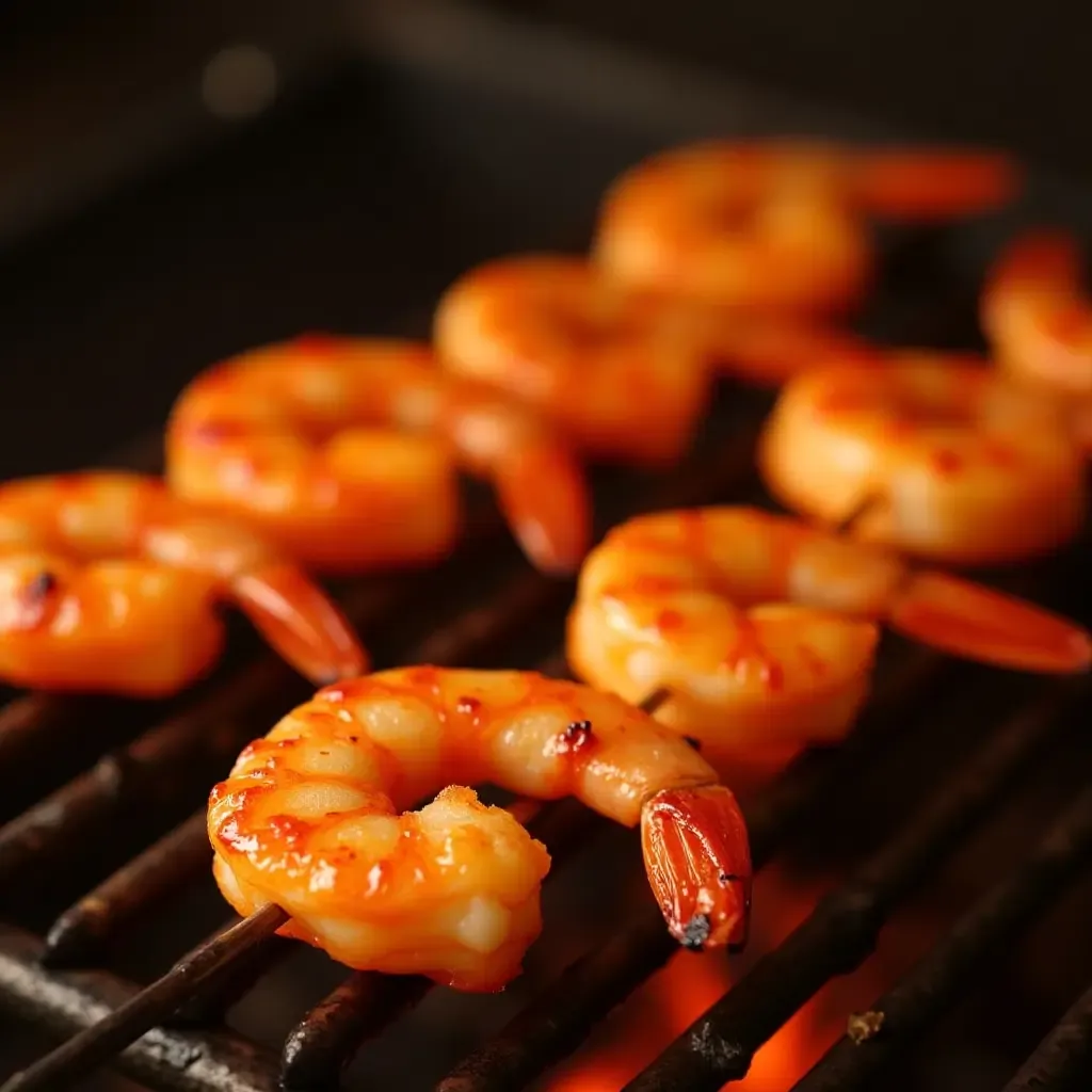 a photo of gochujang-marinated shrimp skewers grilling over an open flame, with charred edges.