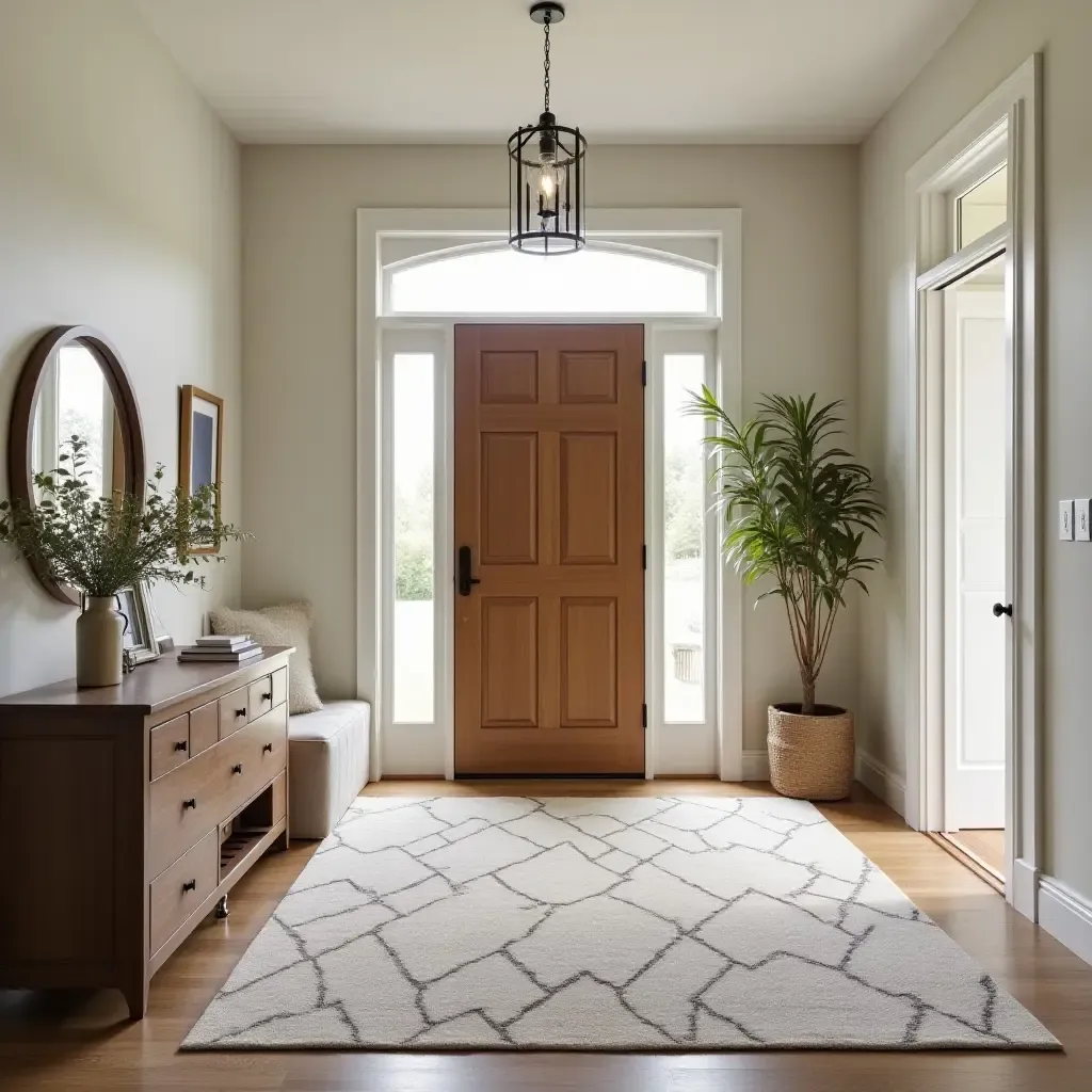 a photo of an inviting entryway featuring a large area rug and cozy accents