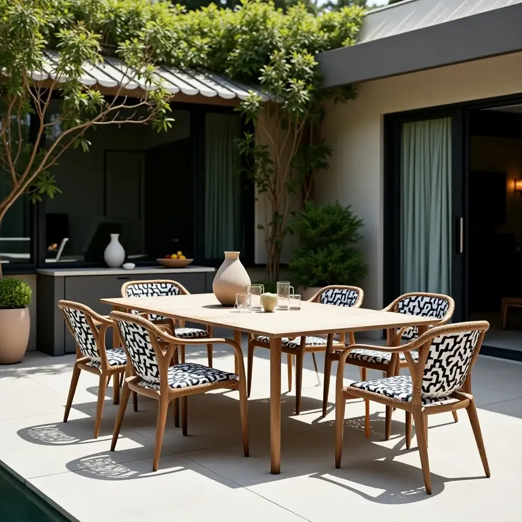 a photo of a chic outdoor dining area with a contemporary table and artistic chairs