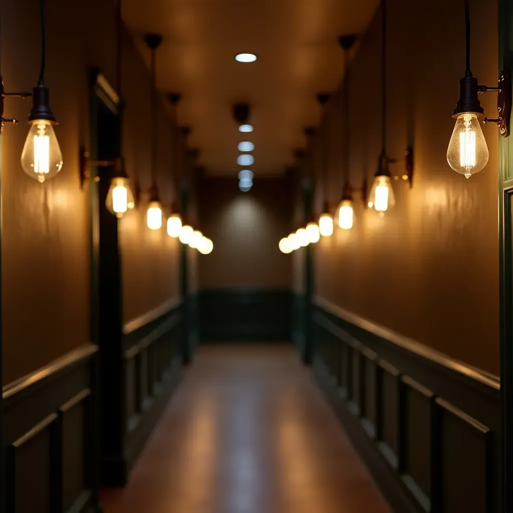 a photo of a vintage-style corridor with Edison bulb fixtures