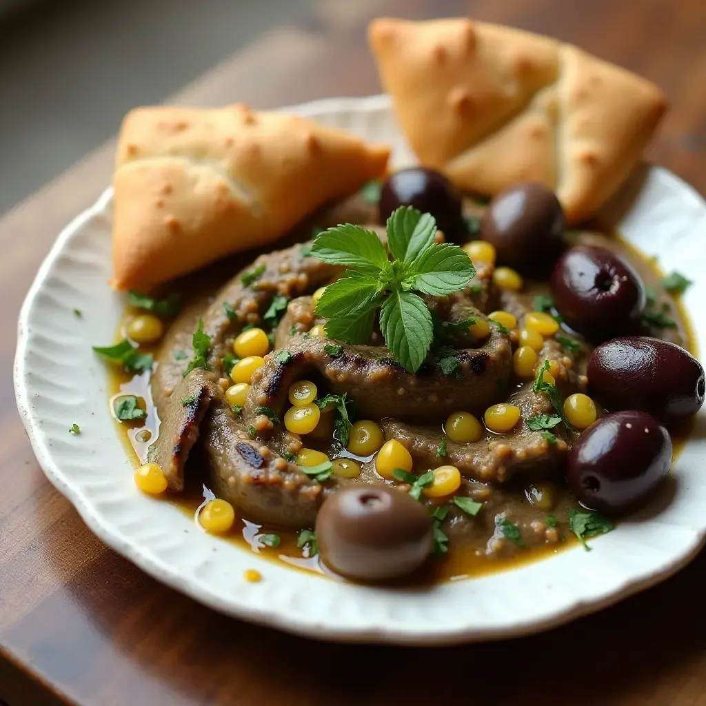 a photo of melitzanosalata, smoky eggplant dip, served with warm pita bread and olives.