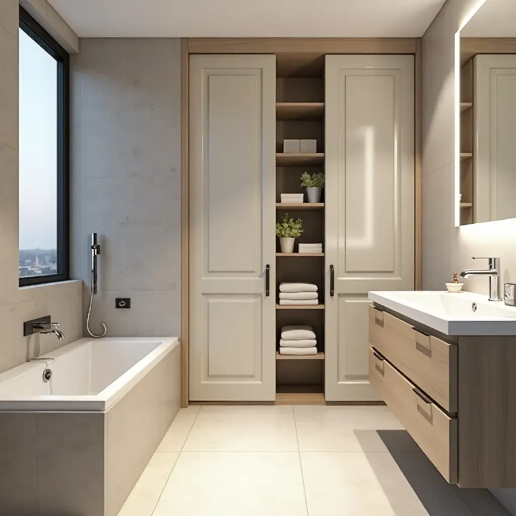 a photo of a compact bathroom layout with sliding doors and built-in storage