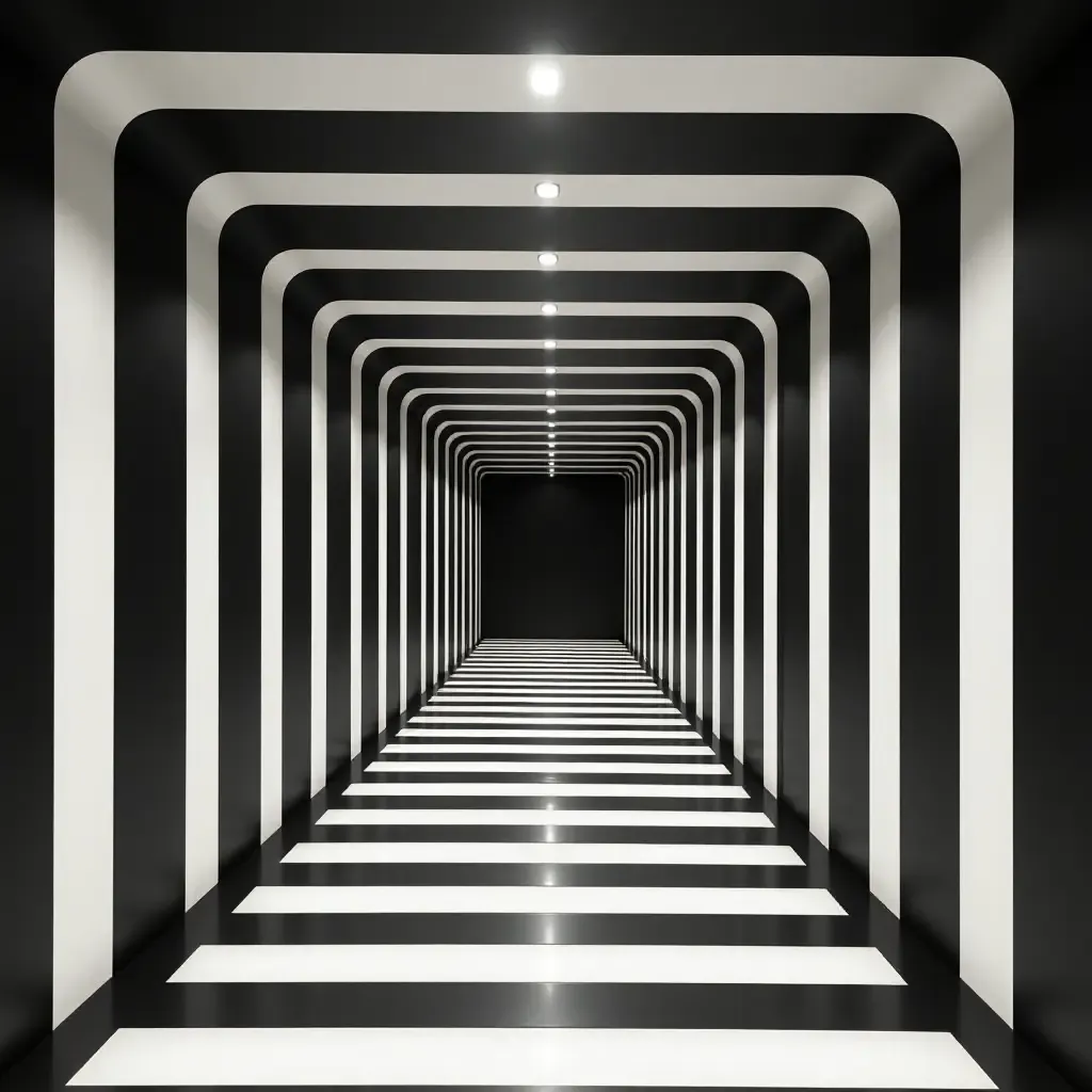 a photo of a classic black and white striped corridor