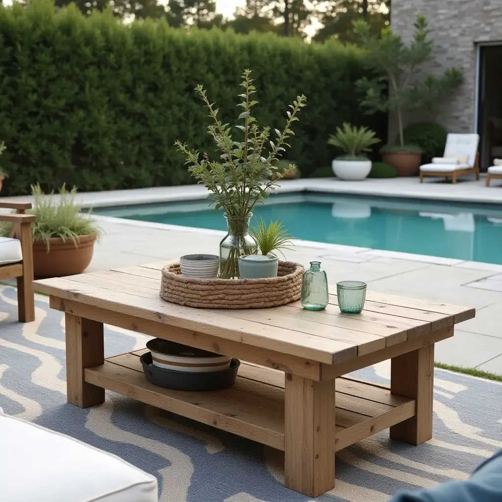 a photo of a rustic outdoor lounge by the pool with a farmhouse coffee table