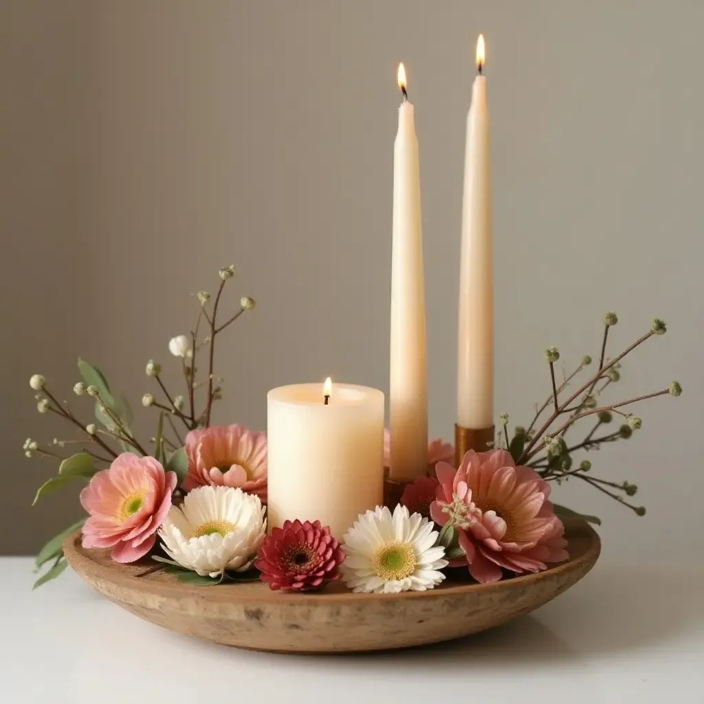 a photo of a minimalist wooden centerpiece with candles and fresh flowers