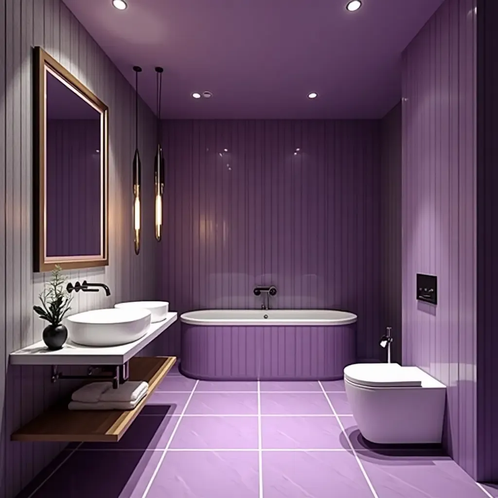 a photo of a bold purple and silver bathroom with contemporary design