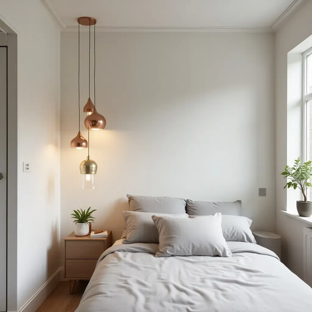 a photo of a minimalist teen room featuring metallic accents in light fixtures and decor