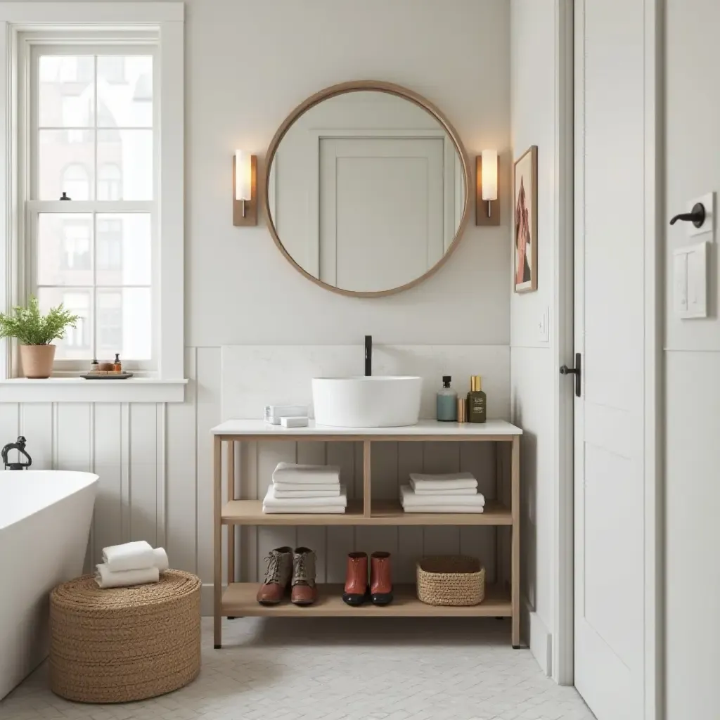 a photo of a bathroom with a chic shoe rack for toiletries