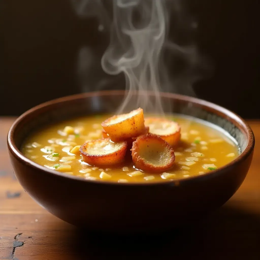 a photo of a French onion soup with miso broth and crispy wonton croutons, steaming in a bowl.