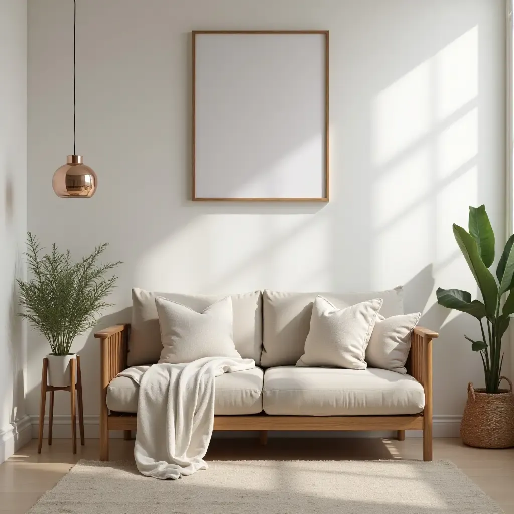 a photo of a bedroom with a wooden accent chair and throw pillows