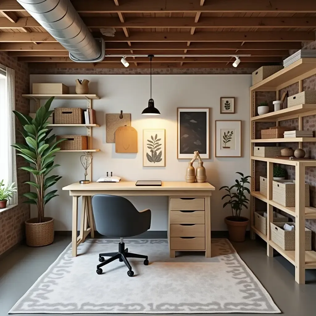 a photo of a chic basement craft area with neatly arranged supplies