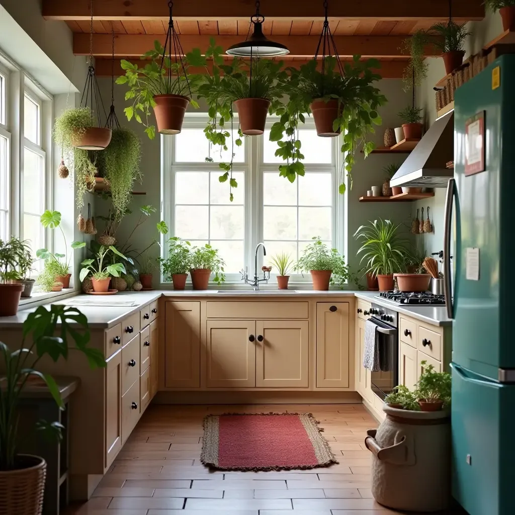 a photo of a bohemian kitchen with colorful hanging plants