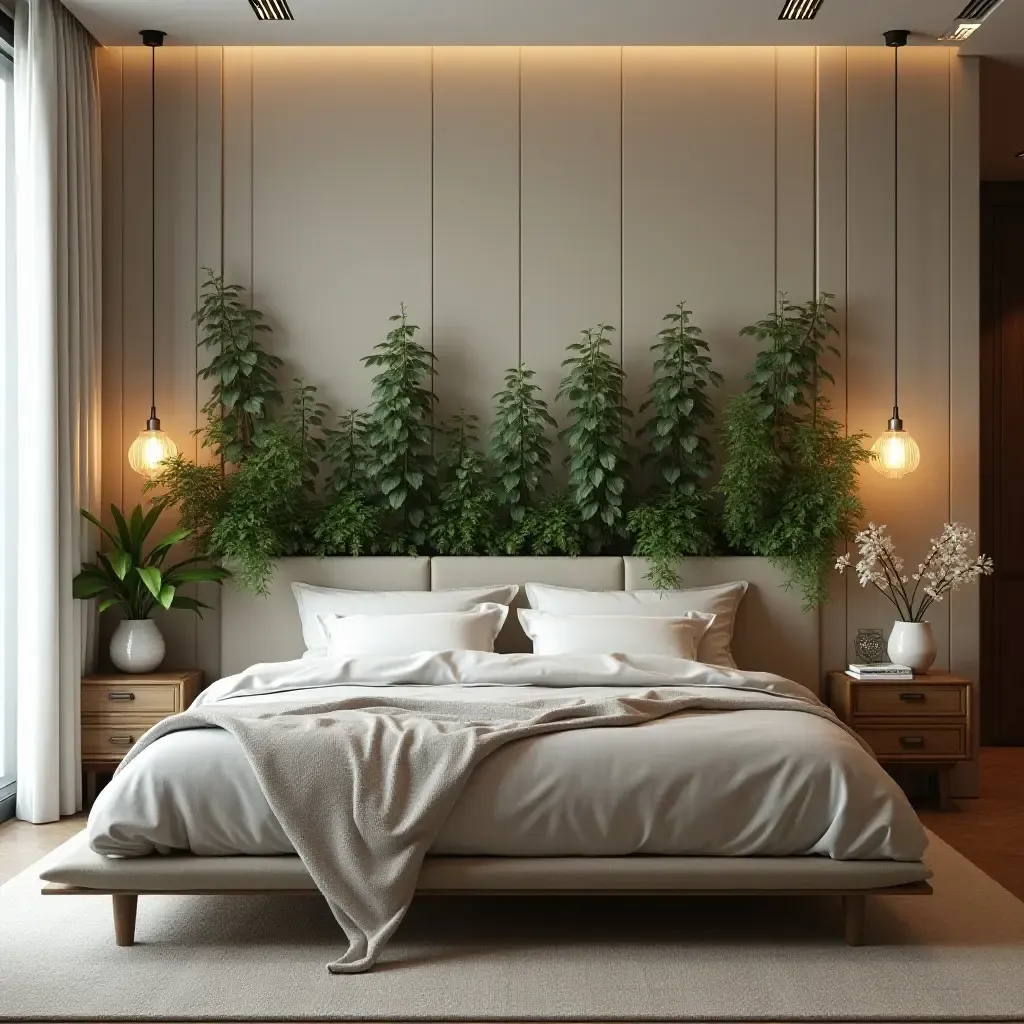 a photo of a bedroom with plants integrated into the headboard design