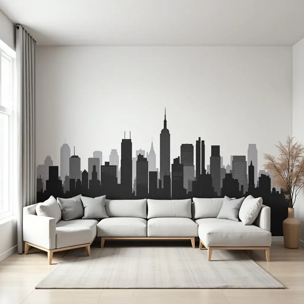 a photo of a mural depicting a city skyline in a modern living room