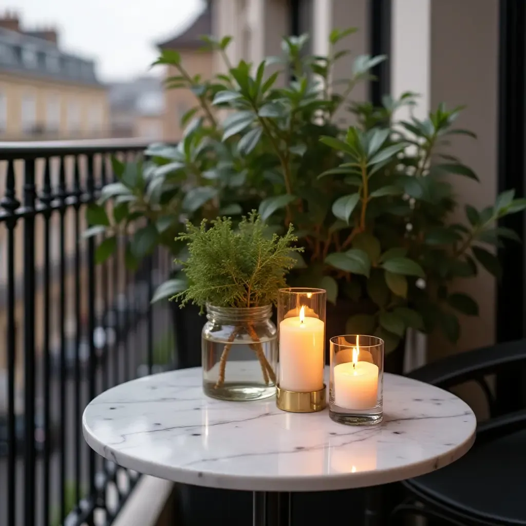 a photo of a marble-topped balcony table adorned with elegant plants and candles