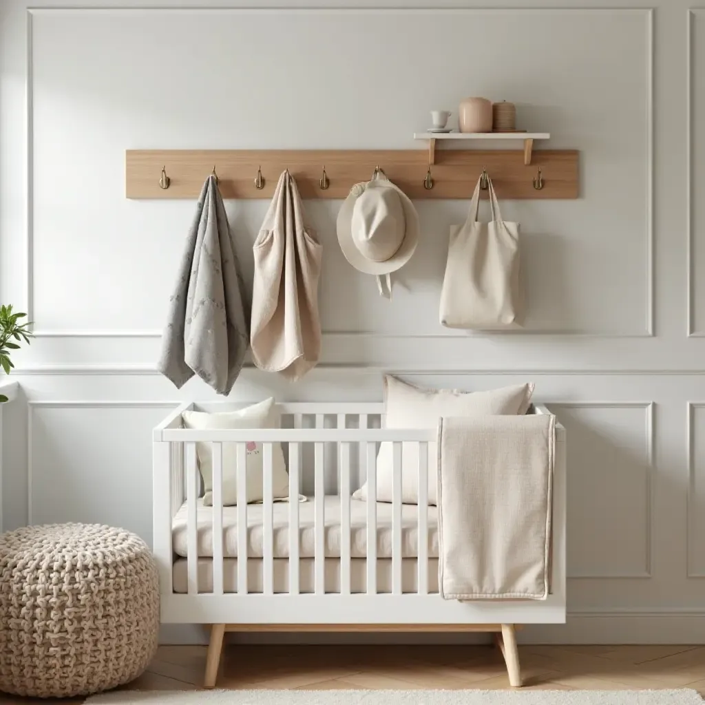 a photo of a nursery with a wall of hooks for bags and hats