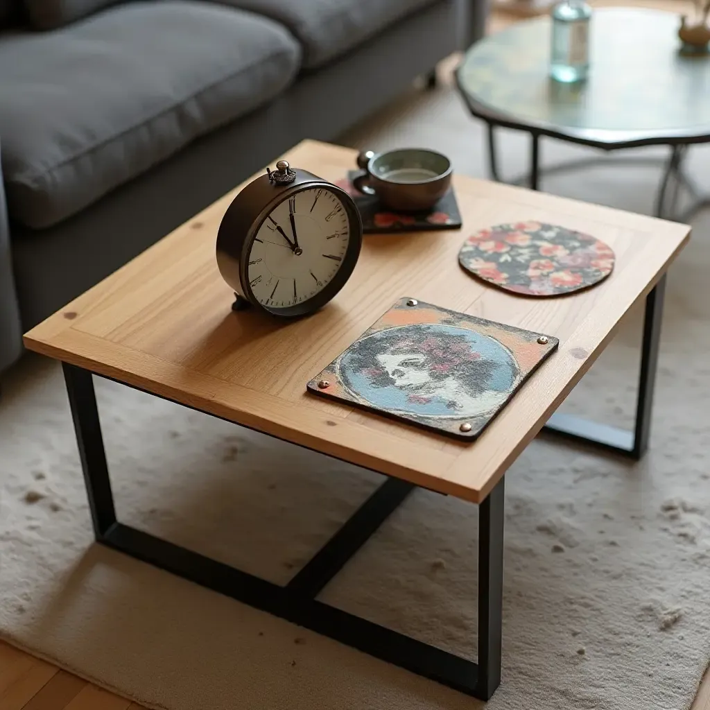 a photo of a coffee table featuring a unique clock and artistic coasters