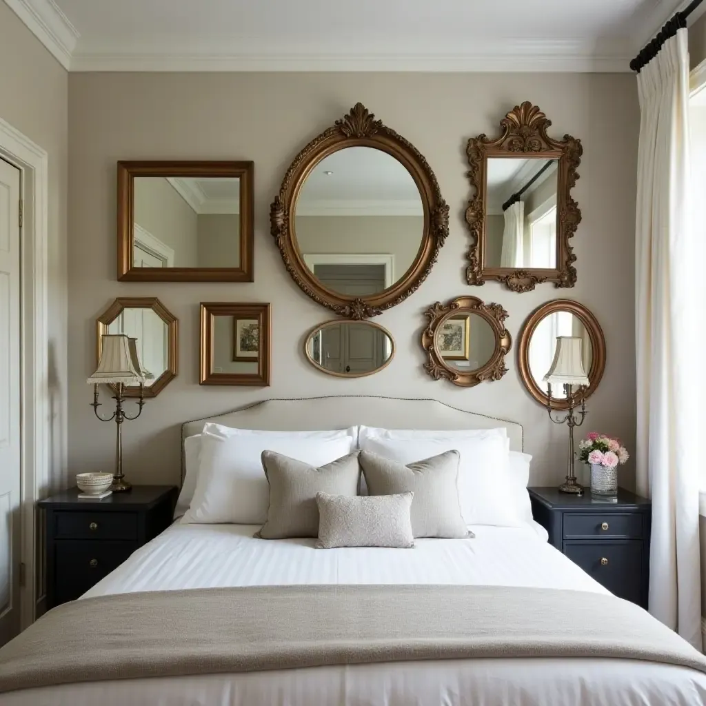 a photo of an elegant bedroom featuring a gallery wall of antique mirrors