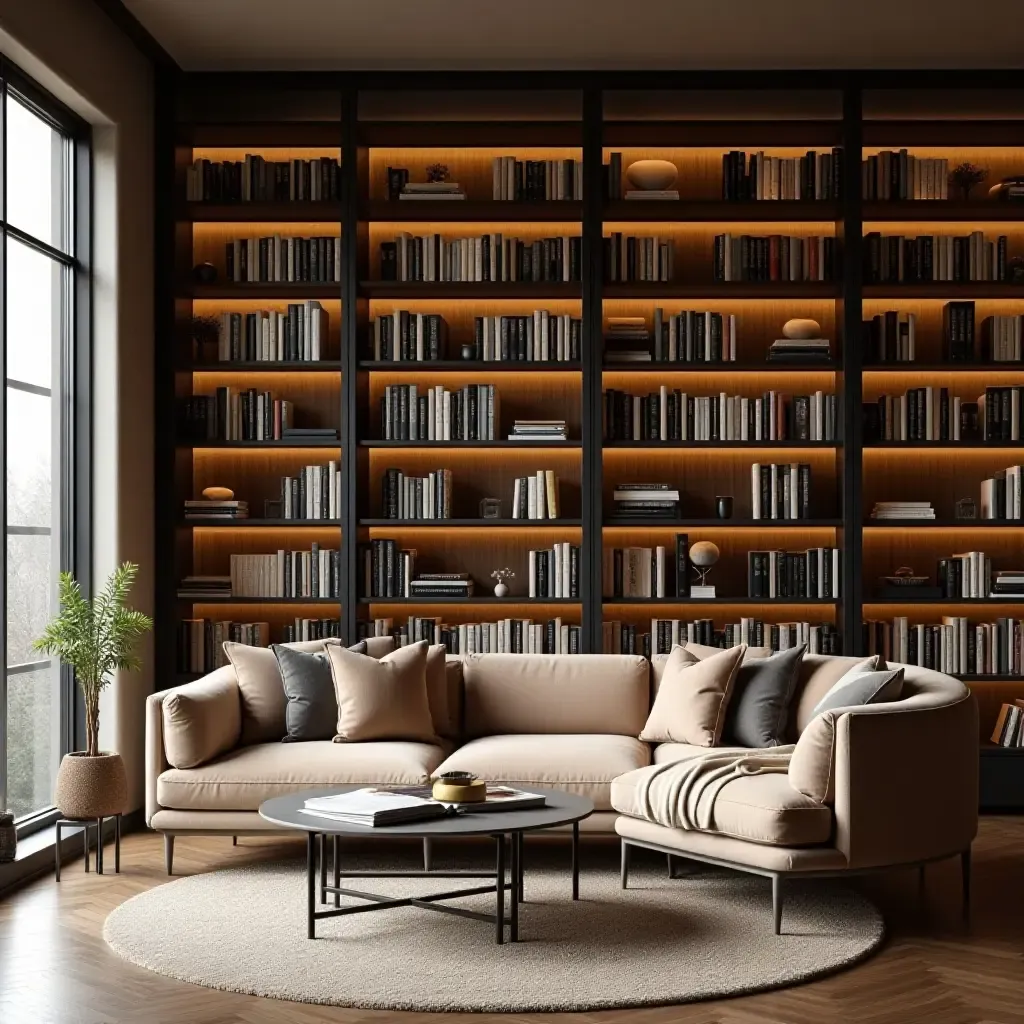 a photo of a contemporary library with a cozy reading sofa and bookshelves