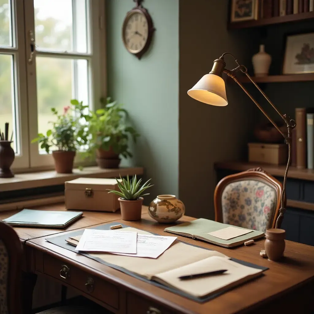 a photo of a charming desk area with vintage stationery