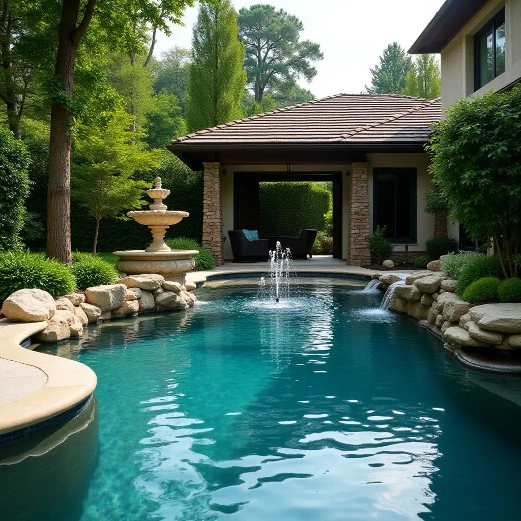 a photo of a pool with a cascading fountain and lush landscaping