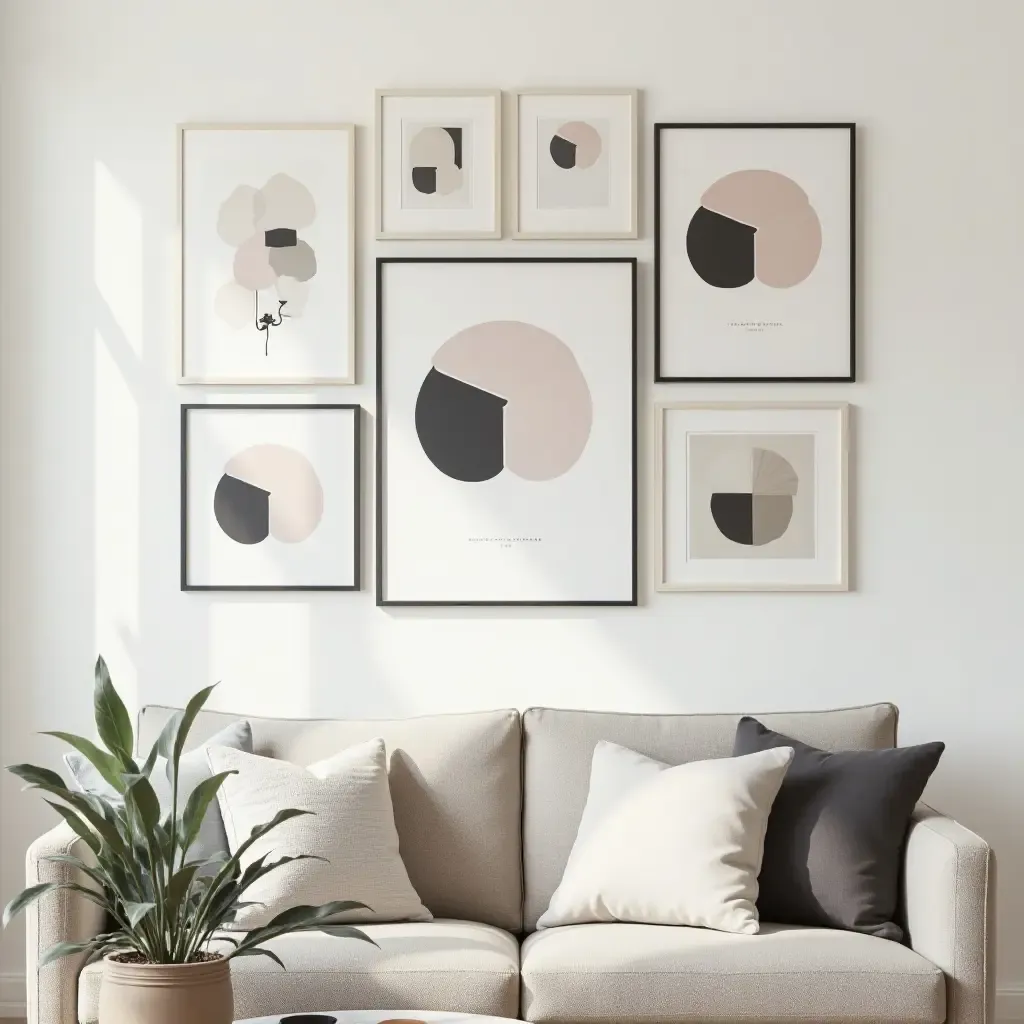 a photo of a modern gallery wall with geometric prints and minimalistic decor