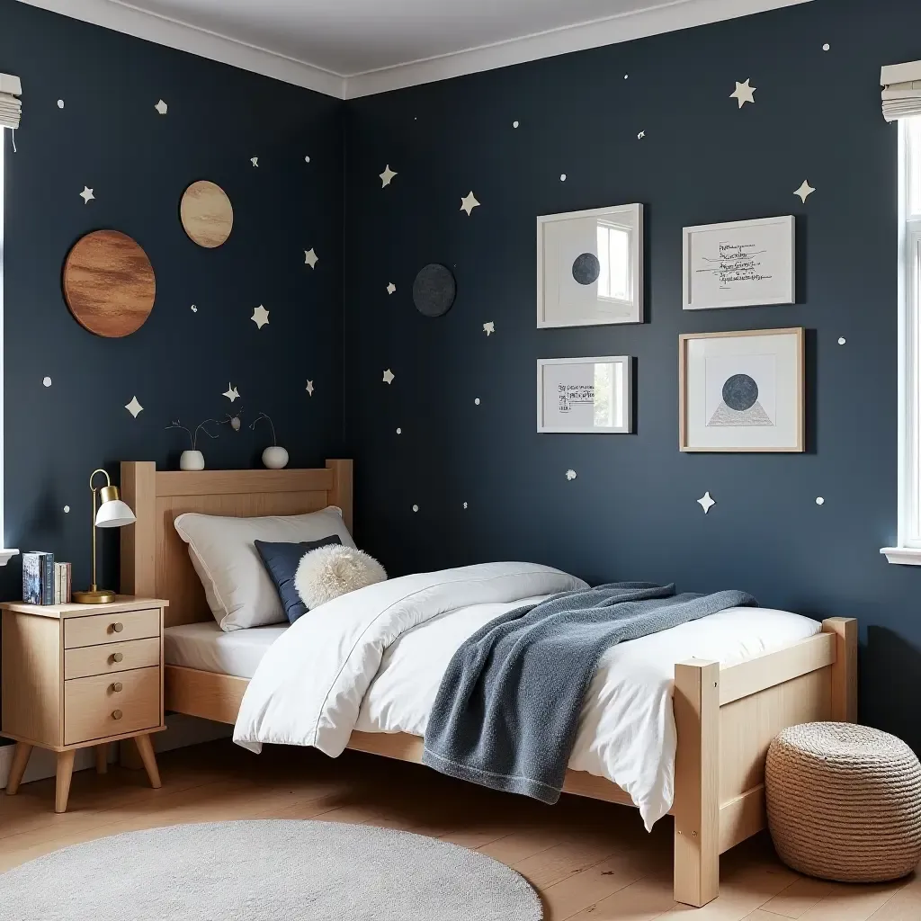 a photo of a whimsical themed bedroom inspired by outer space for kids