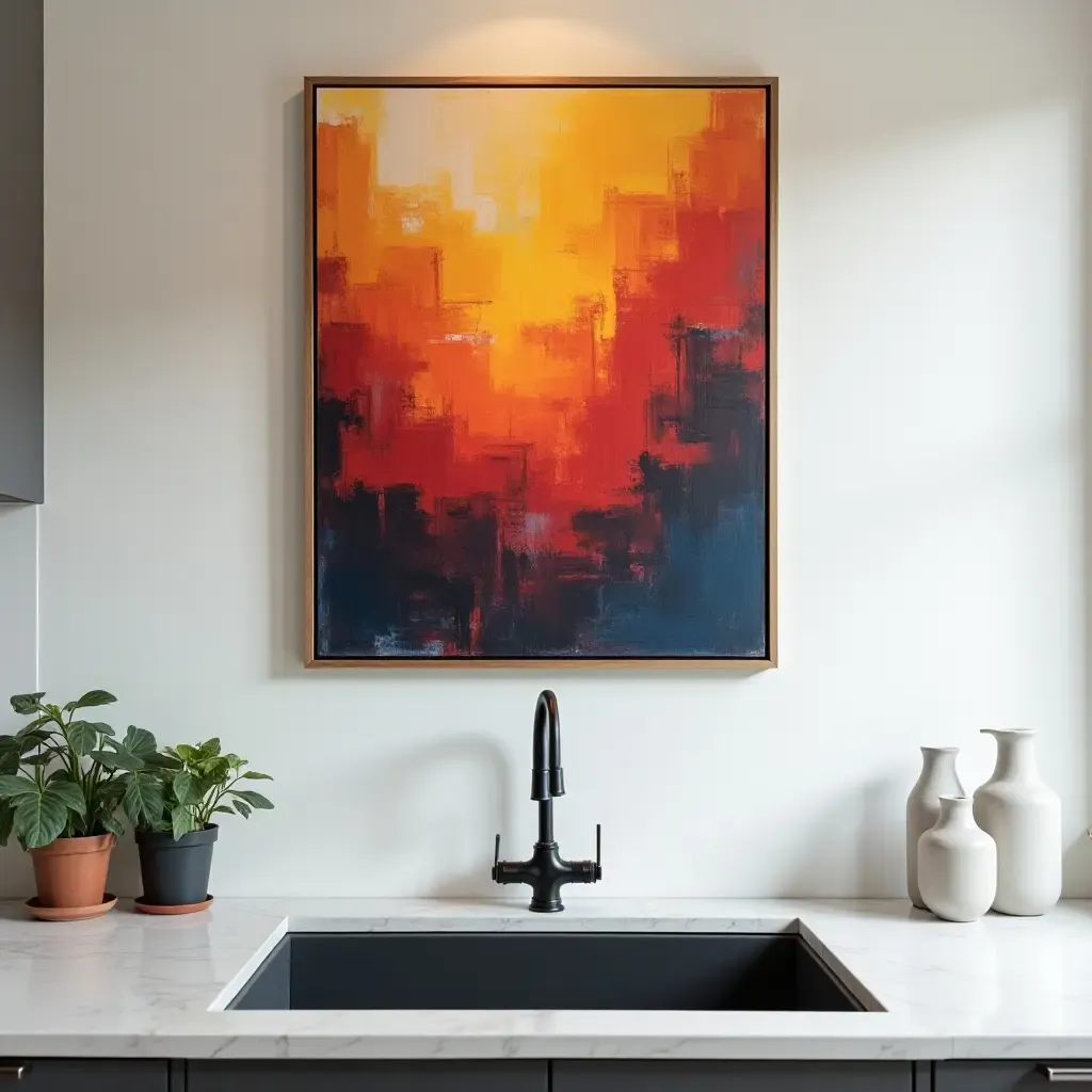 a photo of a vibrant abstract painting above a modern kitchen sink