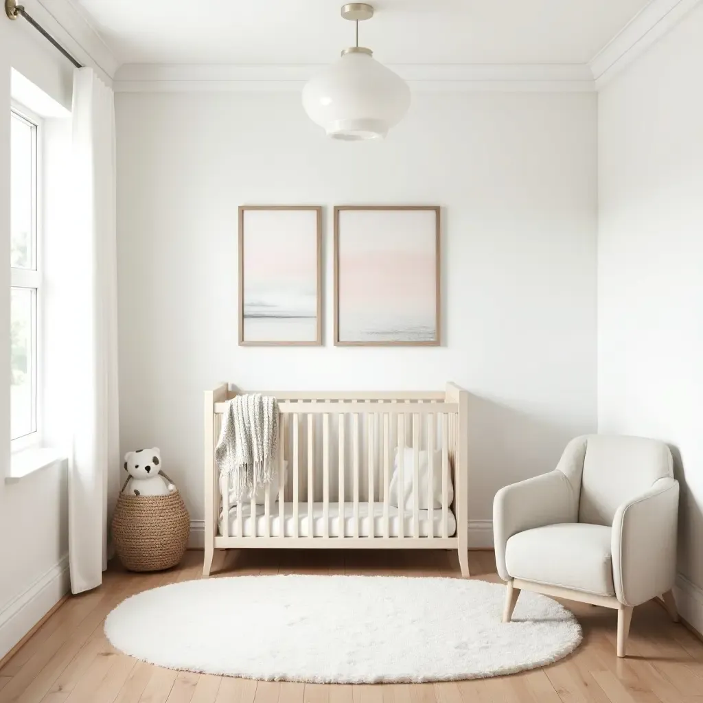 a photo of a nursery featuring a soft area rug and farmhouse-inspired wall art