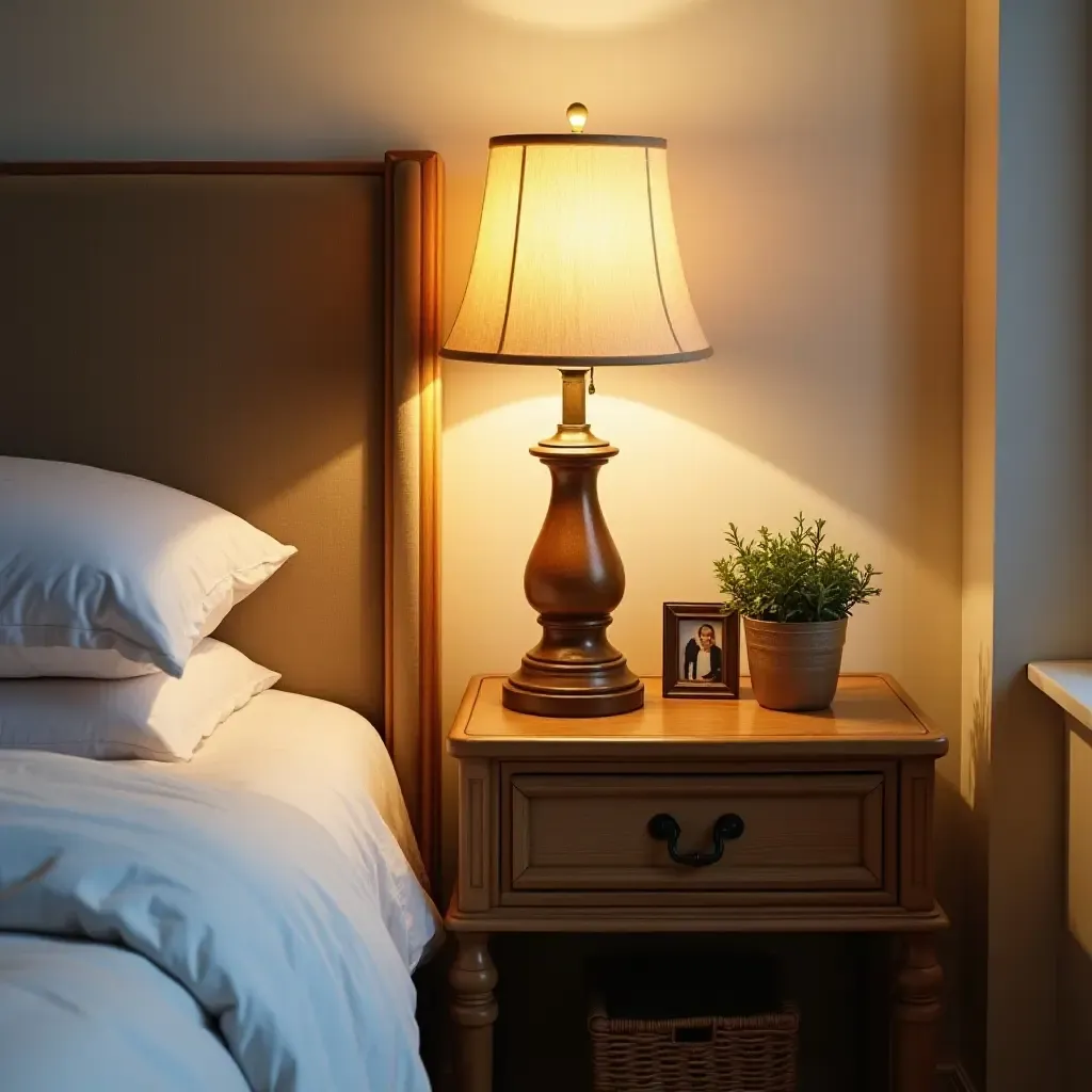 a photo of a charming nightstand with a vintage lamp and personal mementos