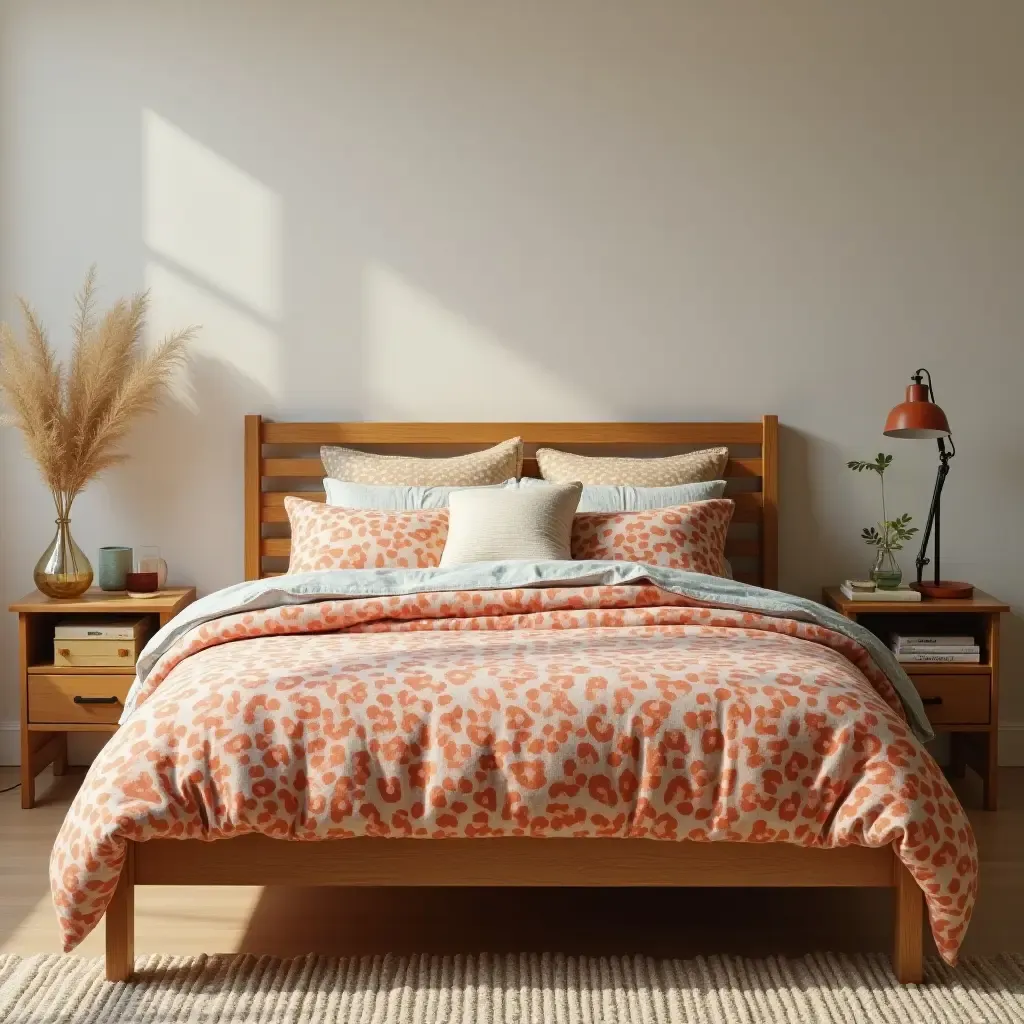 a photo of a wooden bed frame with colorful bedding