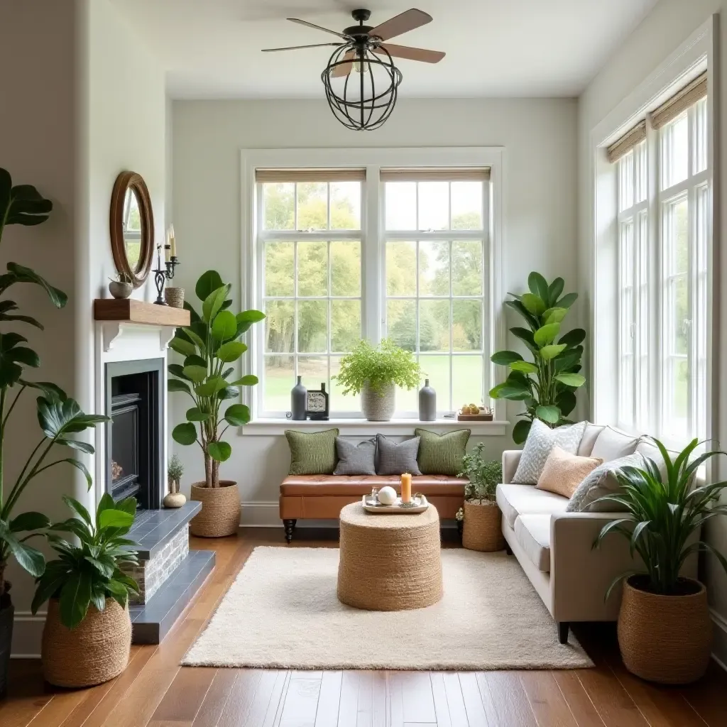 a photo of a basement sunroom with farmhouse decor and plenty of plants