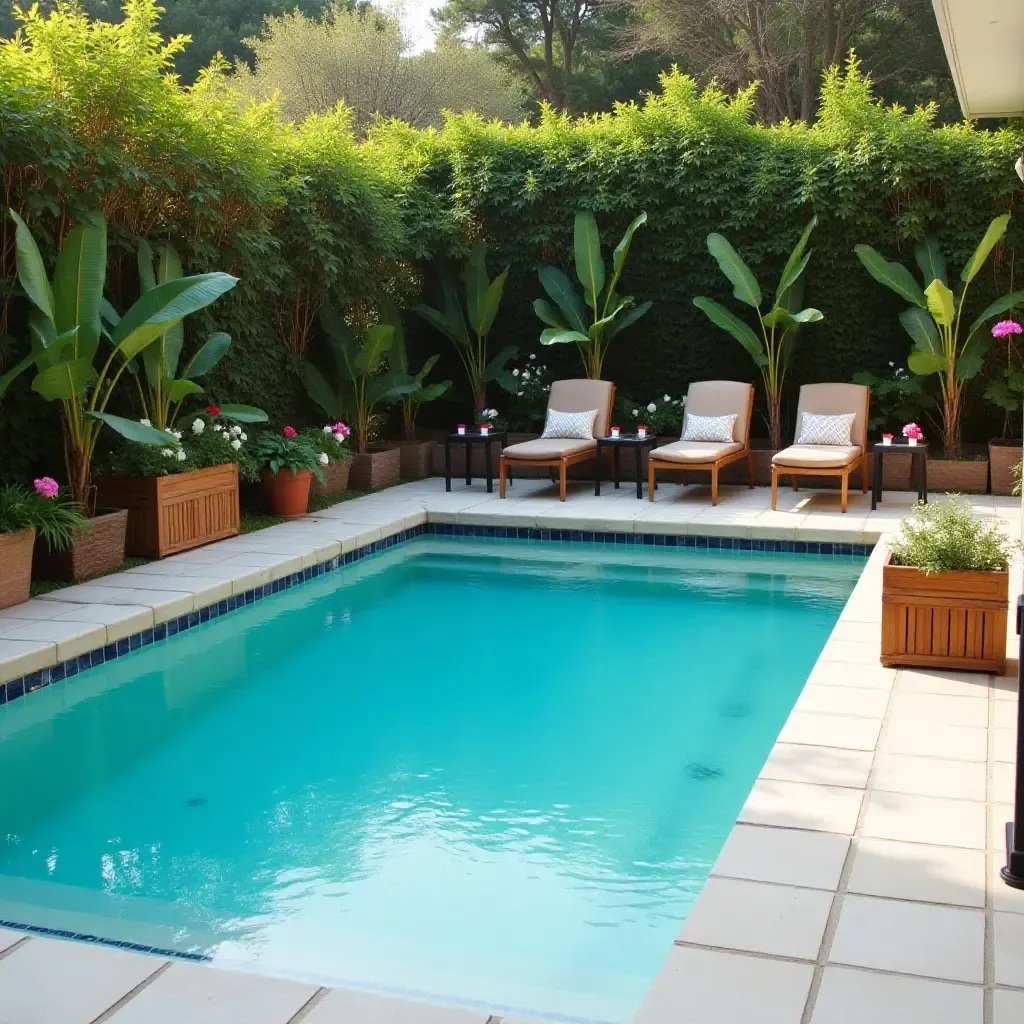 a photo of a pool deck adorned with vintage crates and plants