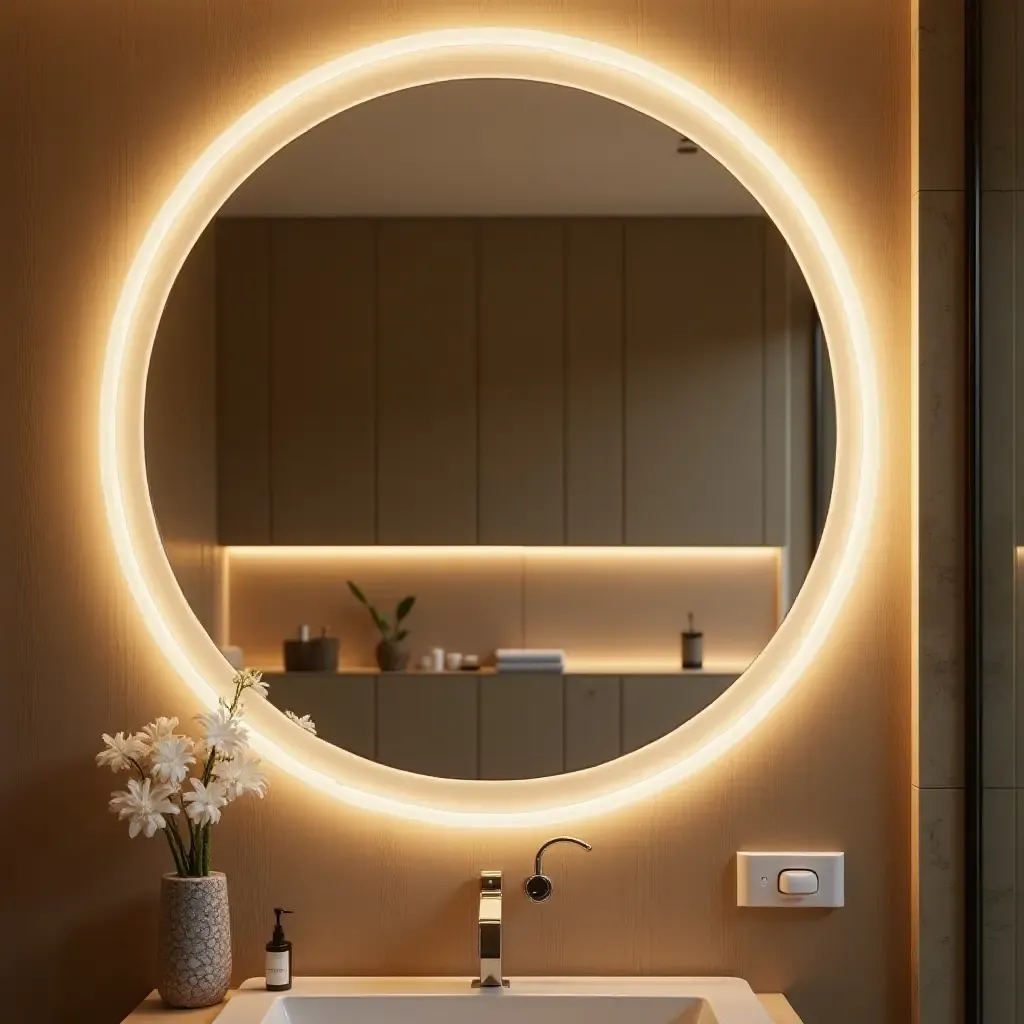 a photo of a bathroom with a large circular mirror and ambient lighting