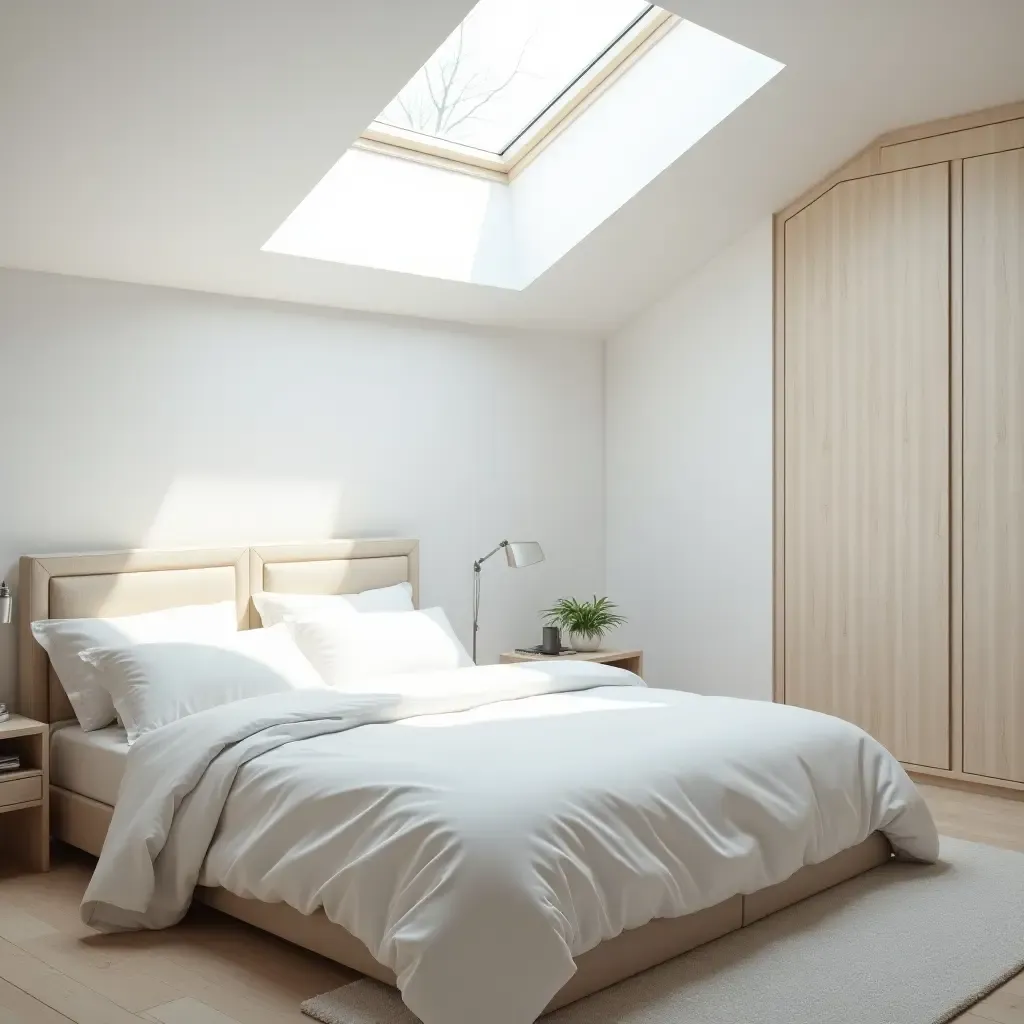 a photo of a tranquil bedroom with a large skylight and white linens