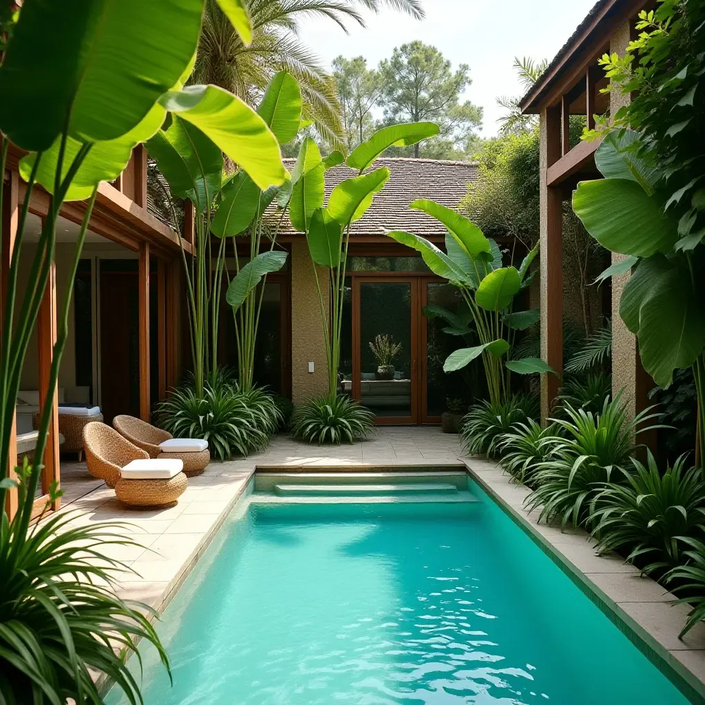 a photo of a tropical-themed pool area with exotic plants and decor