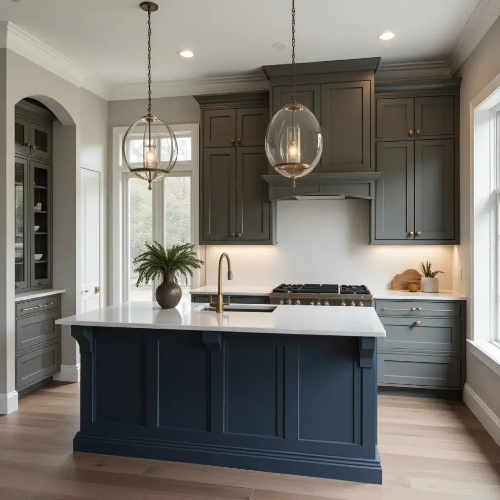 a photo of a sophisticated taupe and navy kitchen with elegant fixtures