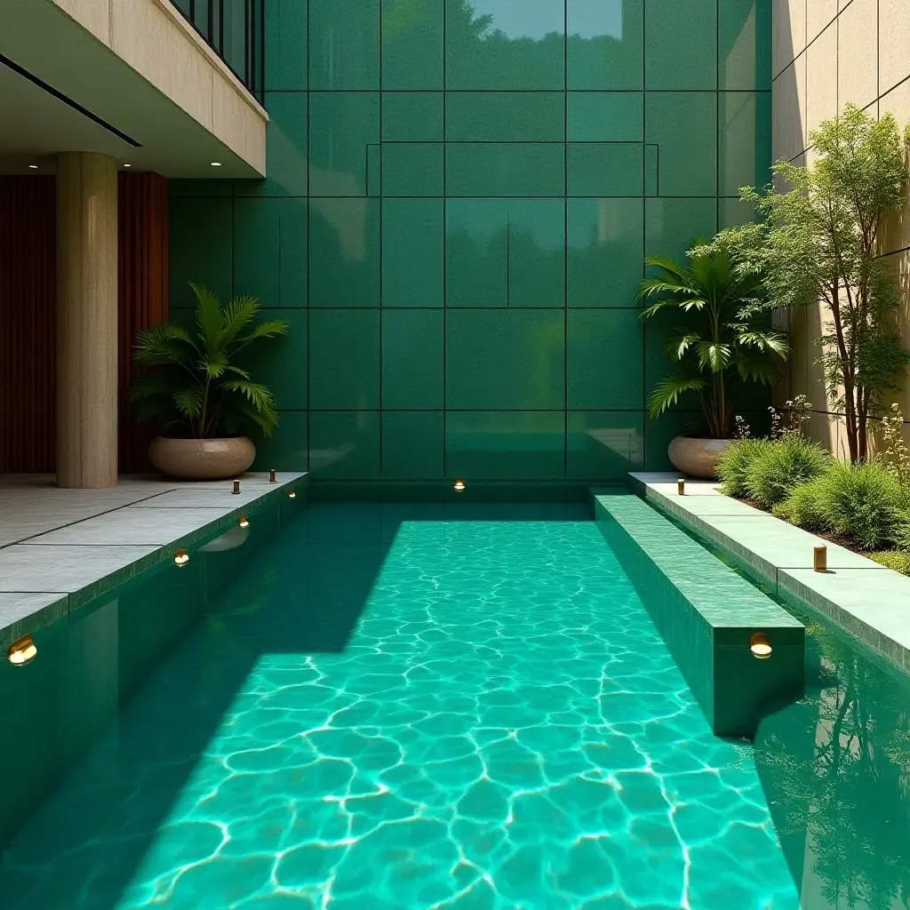 a photo of a luxurious pool with deep emerald tiles and gold fixtures