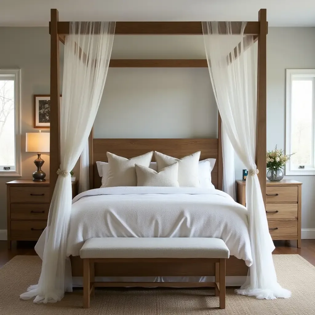 a photo of a cozy bedroom featuring a farmhouse-style canopy over the bed